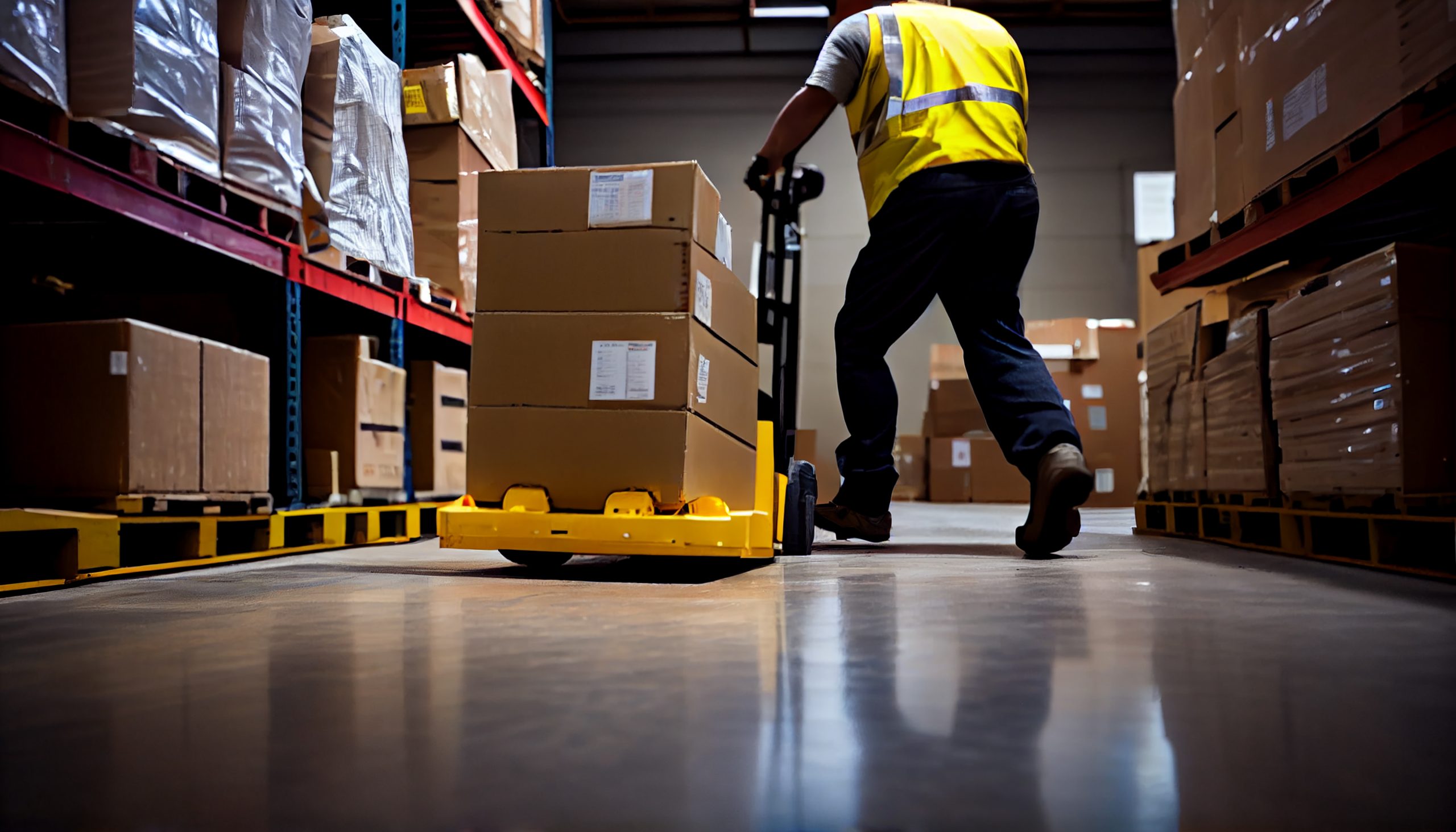 Indoor warehouse with adult men working pallet containers ,generative AI